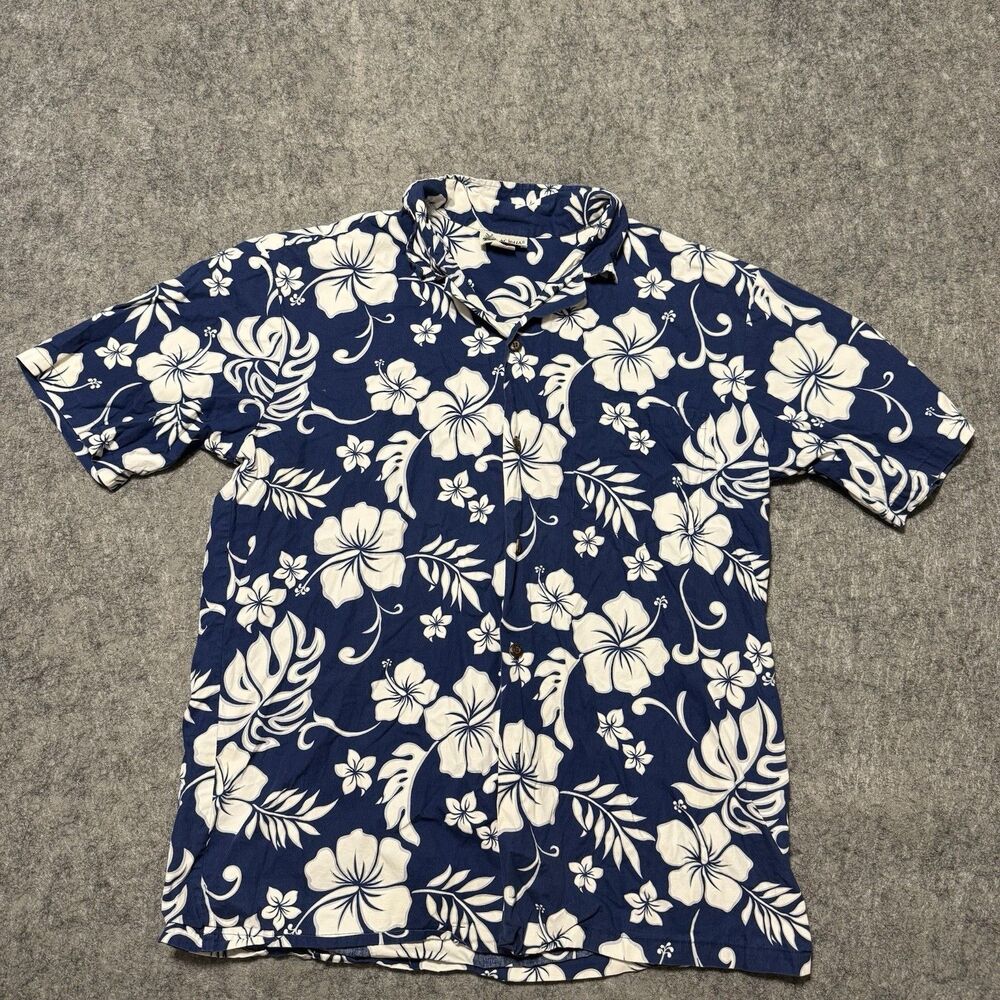 Vtg 90s Aloha Republic Men L Hawaiian Shirt Blue White Flower Cotton Hawaii USA